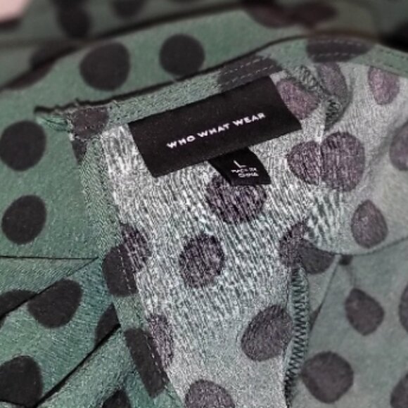 Who What Wear Dress 3/4 Shirred Sleeves Green Black Polka Dots L Whimsigoth - Picture 8 of 14